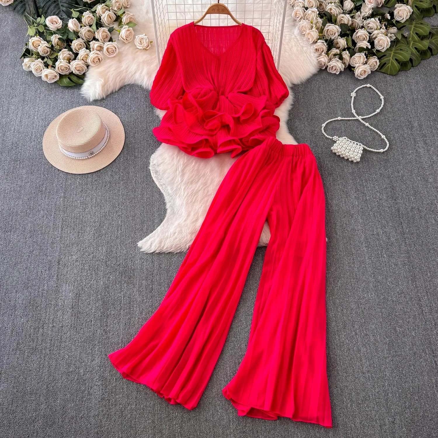 Elegant Summer Green Pleated Pants Set Women V Neck Puff Sleeve Ruffles Stretch Tops +High Waist Wide Leg Trousers Two Piece Set