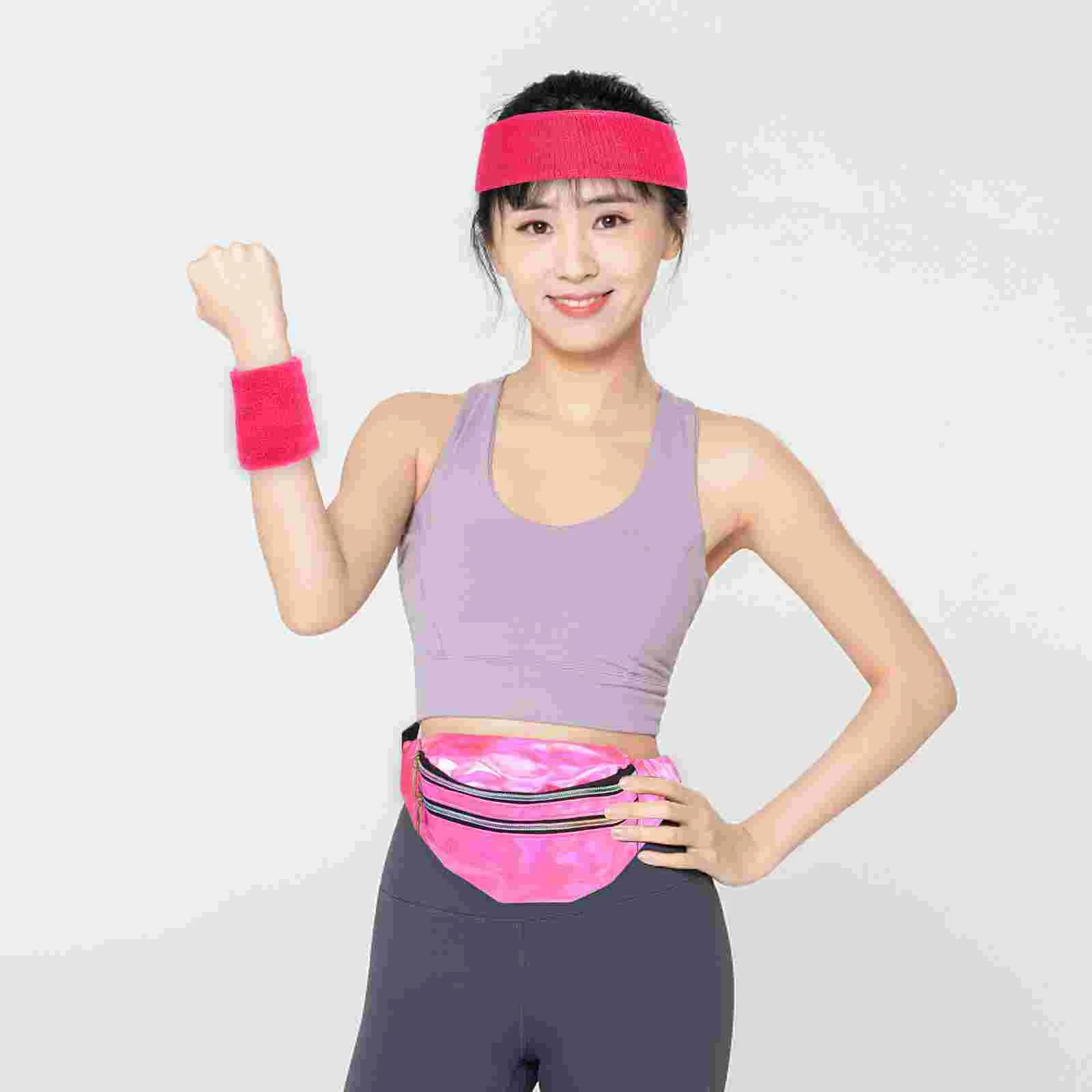 นีออนขาอุ่นชุดเหงื่อ Band 80s อุ่นกีฬา Headbands สายรัดข้อมือสไตล์ถัก PU