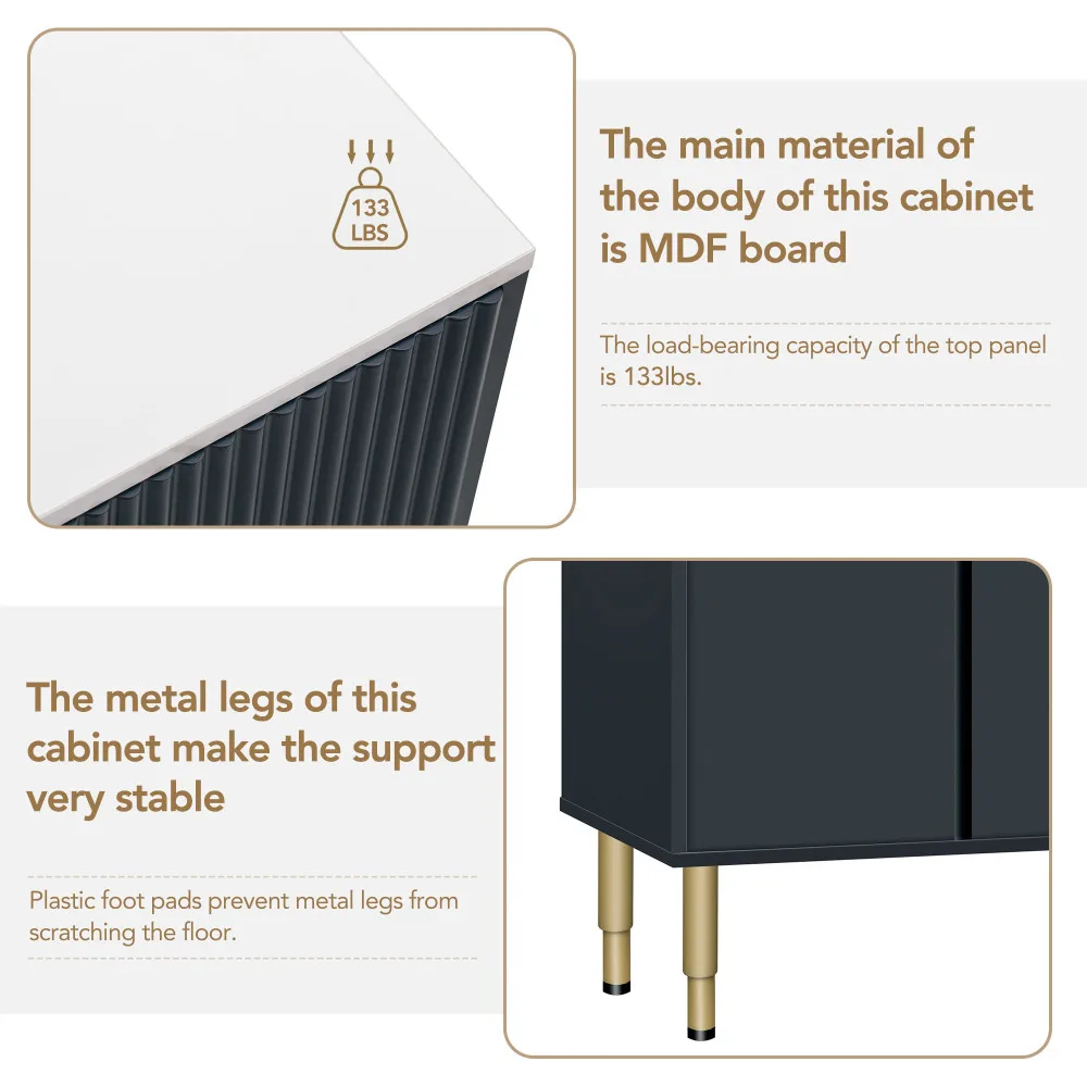 TREXM Modern Sideboard MDF Buffet Cabinet Marble Sticker Tabletop and Amber-yellow Tempered Glass Doors with Gold Metal Legs