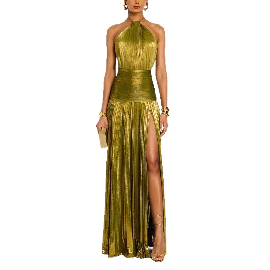 

Women's Metallic Pleated Slit Halter Neck Sleeveless Backless Fitted Waist Sexy Dress Vestidos De Fiesta