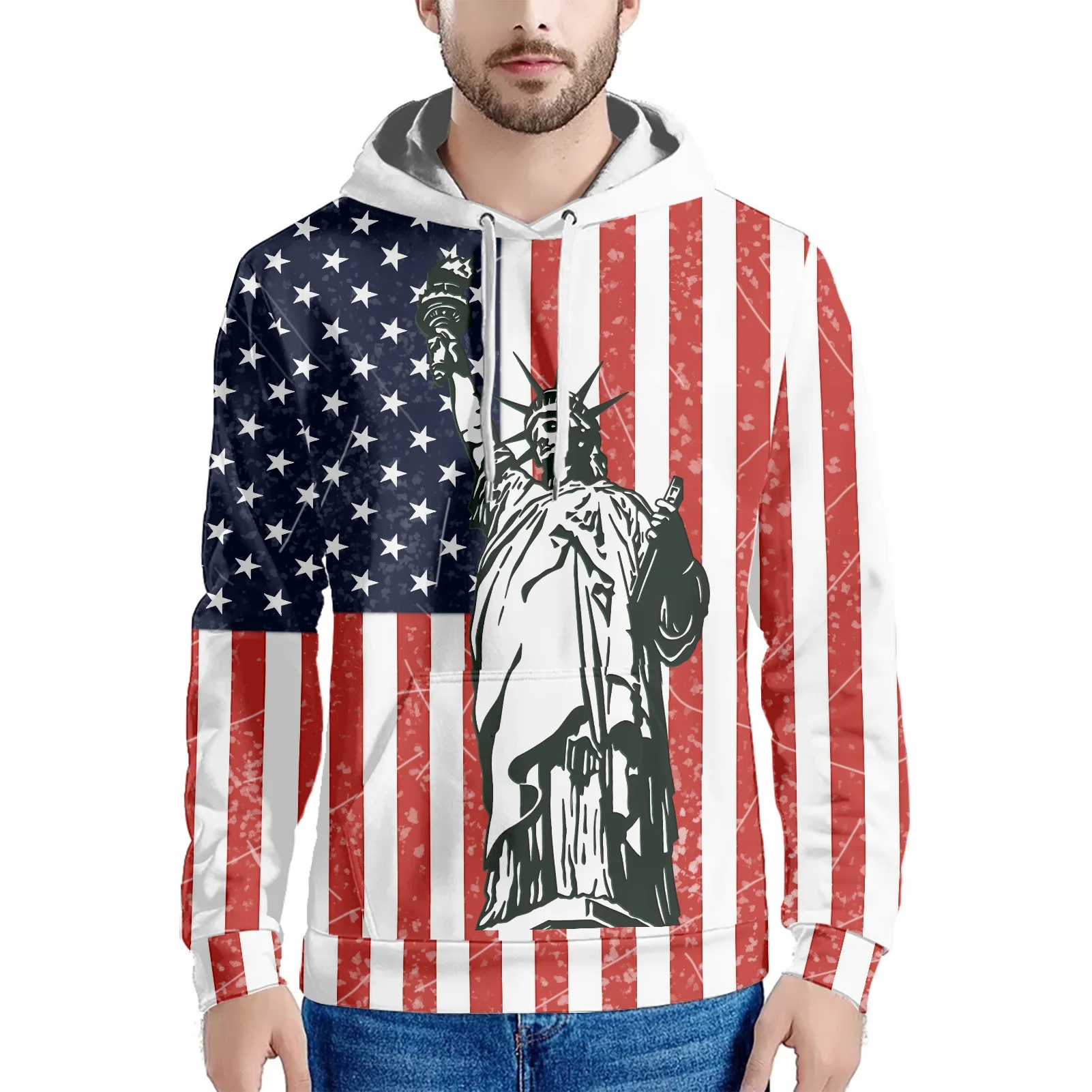 Statue of Liberty Print Men Red Hoodies Cotton Sweatshirts 2022 Crew Neck Pullovers Unisex Hoodie Male 2022 New Style