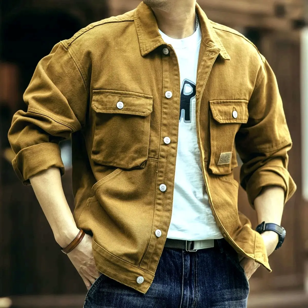 

Spring/Autumn Men Jacket American Styles Casual Retro Cargo Jacket Lapel Bomber Coats Loose Outerwear