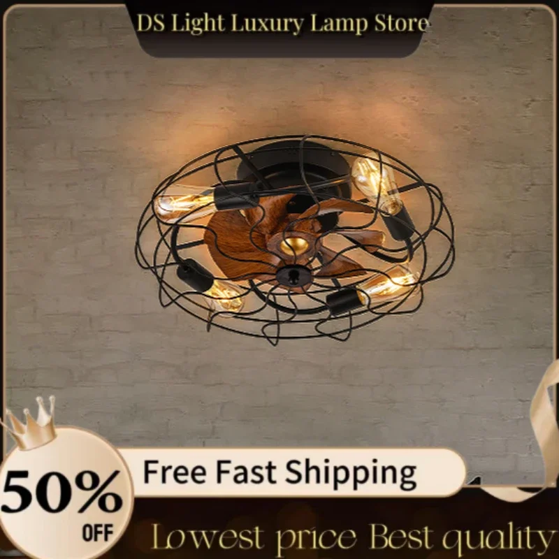 Retro ceiling bedroom fan light Invisible American industrial wind remote control Dining room ceiling light Wrought iron ceiling