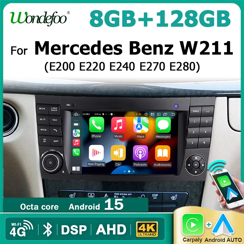 Autoradio Wireless CarPlay Android 15 con GPS per Mercedes Benz Classe E W211 E200 E220 E300 E350 E240 E270 E280 2002-2008 con Schermo