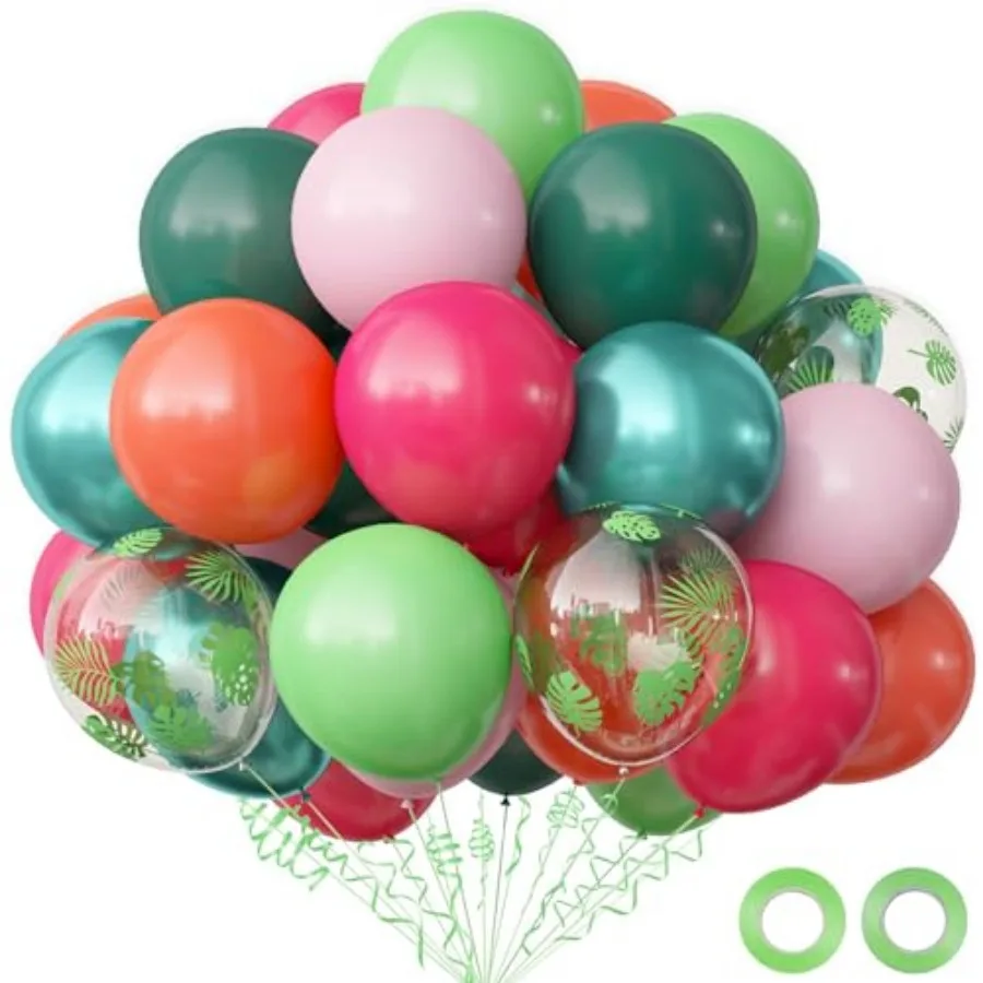 Hawaiian Luau Party Decorations, Tropical Party Balloons, 68pcs Pink Green Rose Gold Palm Leaves Balloons for Summer Aloha Moan
