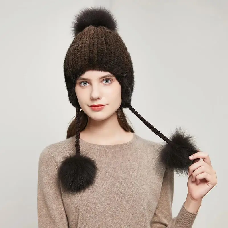 Real Natural Mink Fur Straw Hat Ladies Two-Line Woven Long Ear Fur Straw Cap Winter Cap Fox Fur Pompom Thick Warm Hat DY-05