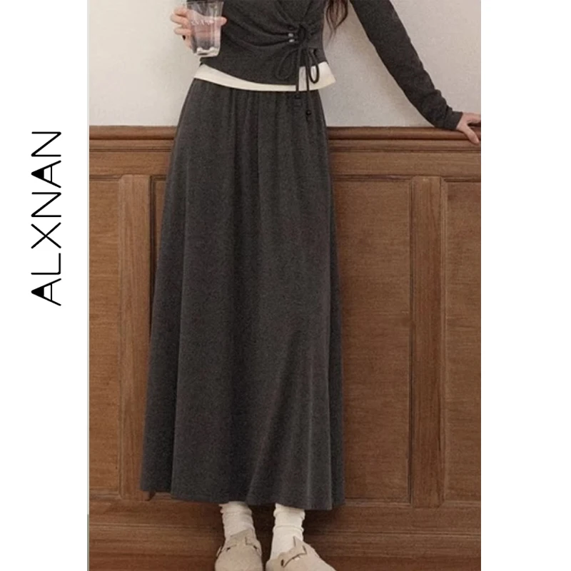 ALXNAN Casual Röcke Hohe Taille Vielseitig Gestrickte Stretch Mid-länge Rock Neue Herbst Entspannt Weiche frauen Kleidung L569115-1