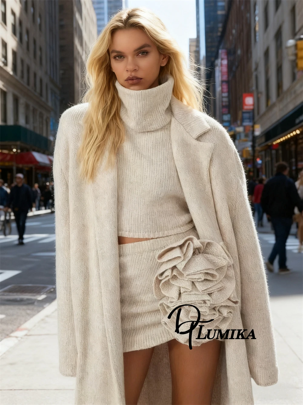 DTLumika- Three Piece Sweater Set High Neck Soft Long Coat Vest Skirt Set, Actual Photo Autumn Winter Oufit for Women