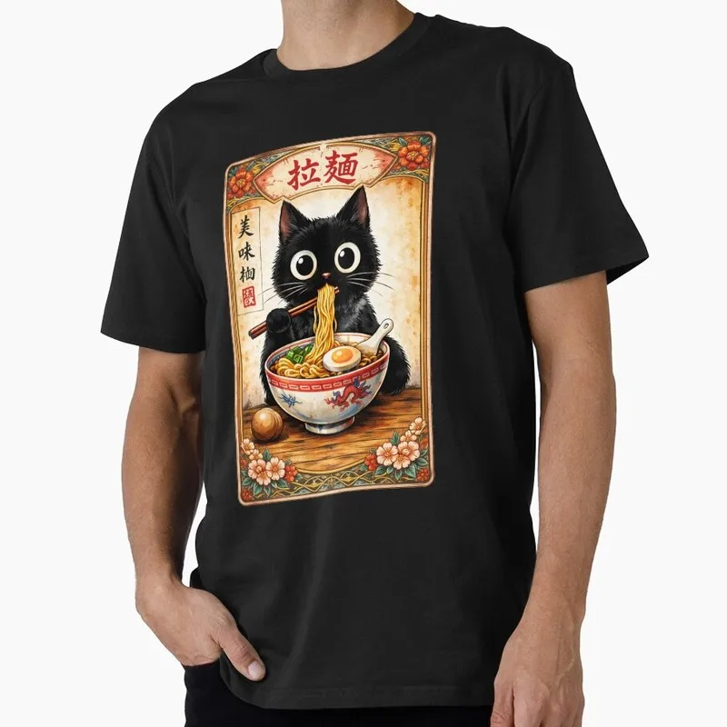 Kawaii Ramen Cat Retro Japanese Noodles Black Cat Gift T Shirt Funny Cat Lover Tee Unisex Short Sleeve Cute Tops