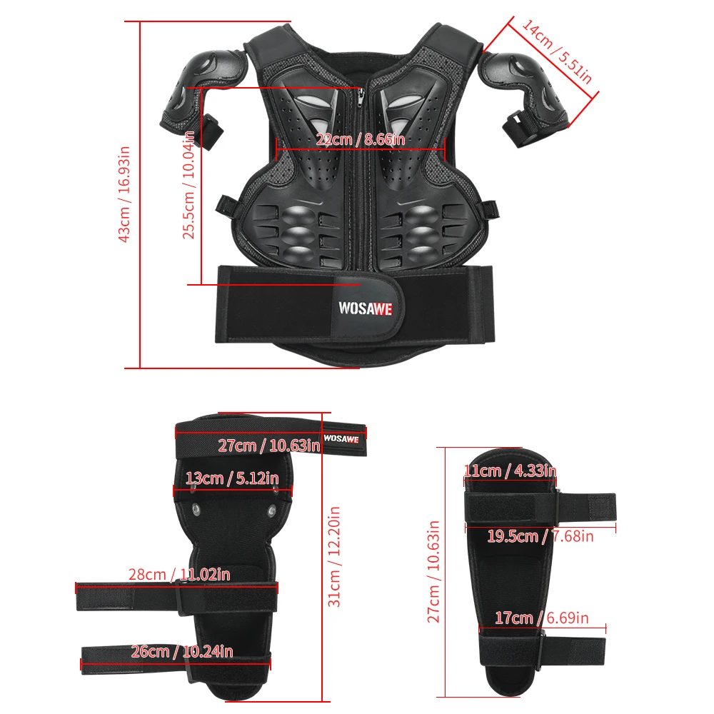 WOSAWE Kids Sports Elbow Knee Pads Boy Girl Youth Body Protect Vest Armor Child Motocross Chest Spine Protection Gear Knee Guard