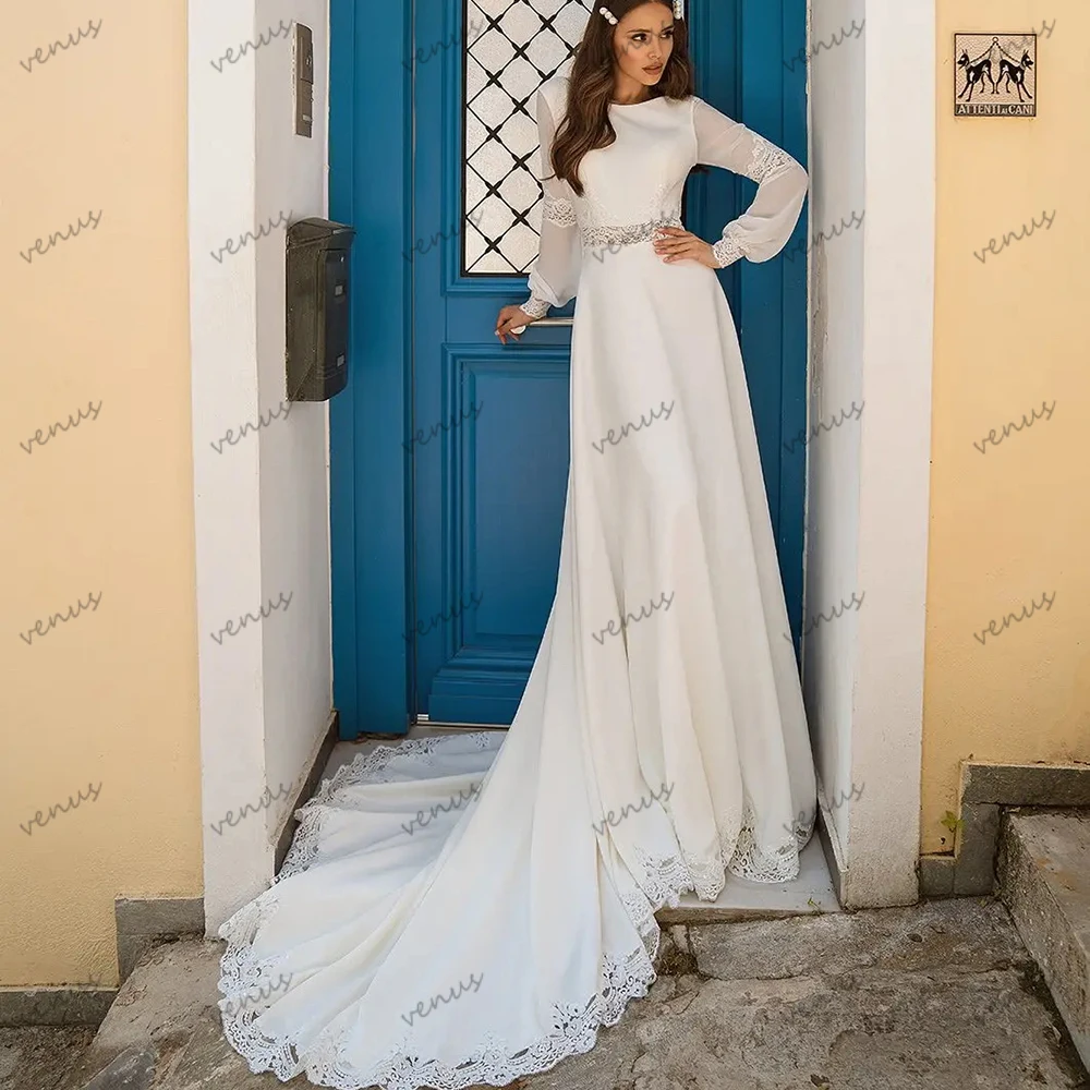 

Modern Wedding Dresses Graceful Bridal Gowns Satin Robes Long Puff Sleeves Floor Length Glamorous Vestidos De Novia Customized
