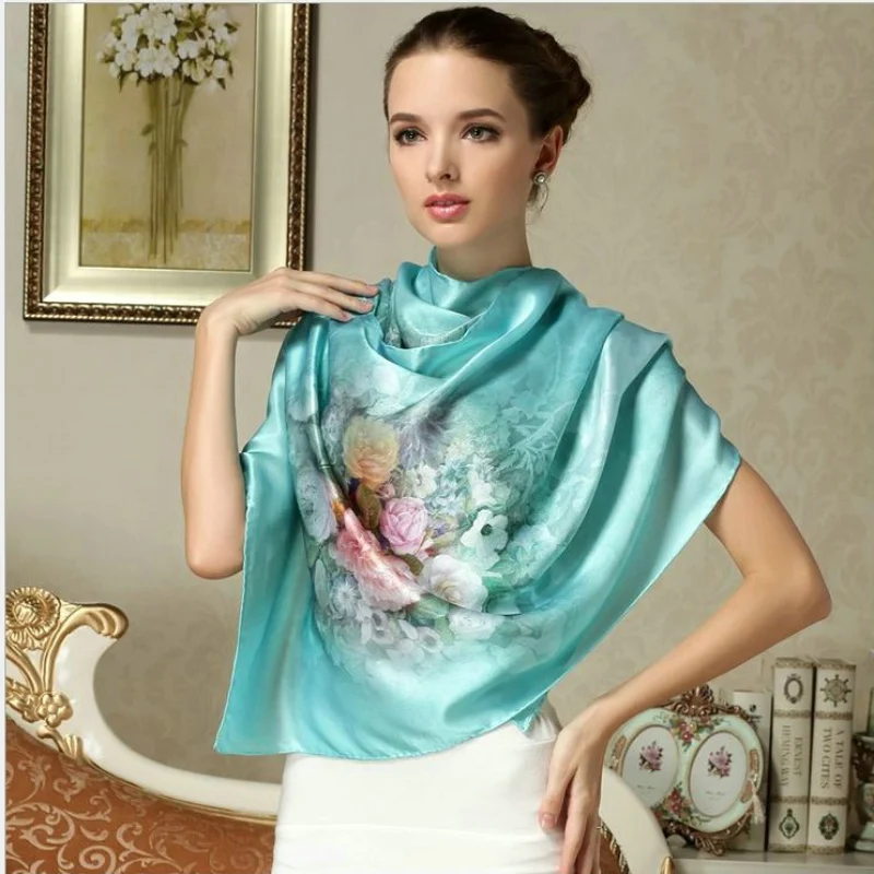 

Chinese Natural Silk Scarf Women Luxury Brand Silky Scarves Long Large Flora Printed Foulard Femme Beach Cover-ups Bandanas