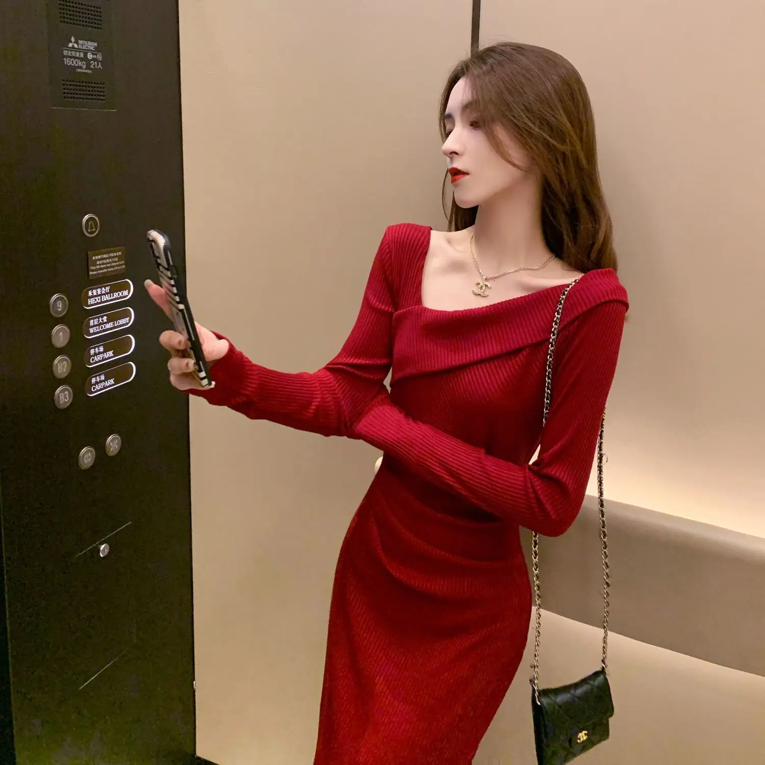 Long Sleeve Maxi Women\'s Knitted Sweater Dress Sexy Bodycon Female Knit Dresses for Fall and Winter Wrap Red Chic Elegant Midi