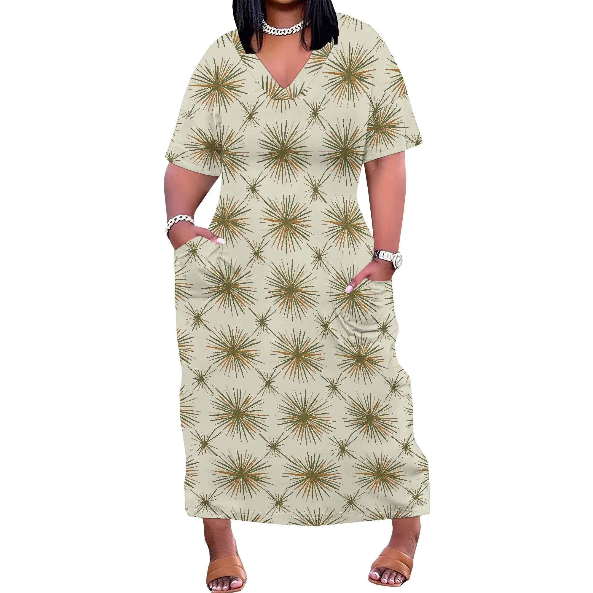 Plus Size Women's Starburst Print V-Neck Maxi Dress 2025 Summer Casual Beach Party Dress XL-6XL