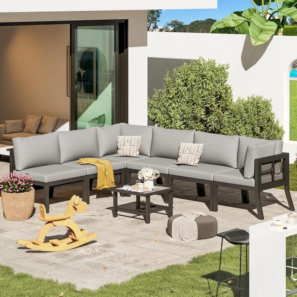 

7 Pieces Patio Furniture Set, Metal Mesh Fabric Outdoor Conversation Sets with Cushions and Wooden Table, Metal, Customized