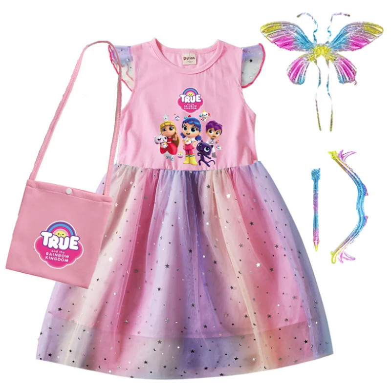 True Rainbow Kingdom Princess Girls Dresses Cosplay Cute T Shirt Gauze Mesh Dress+bag with Wing Kids Casual Clothes Kids Costume