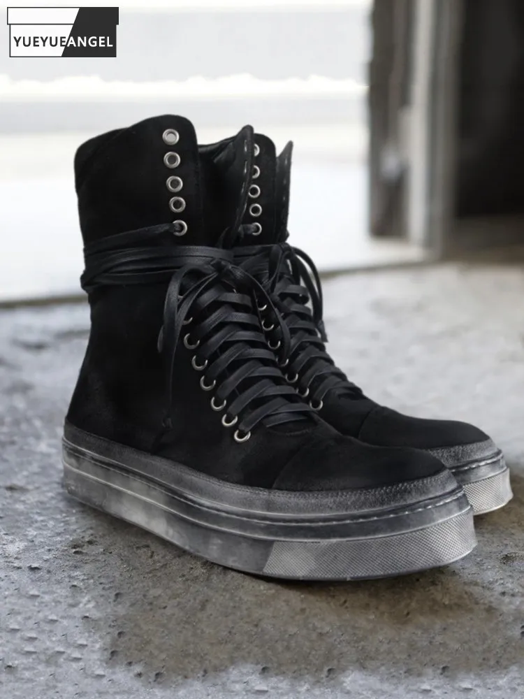 Winter Fashion Mens Black Thick Platform Shoes Lace Up Cow Suede Leather Round Head Causal Male Retro High Top Sneakers Handmade