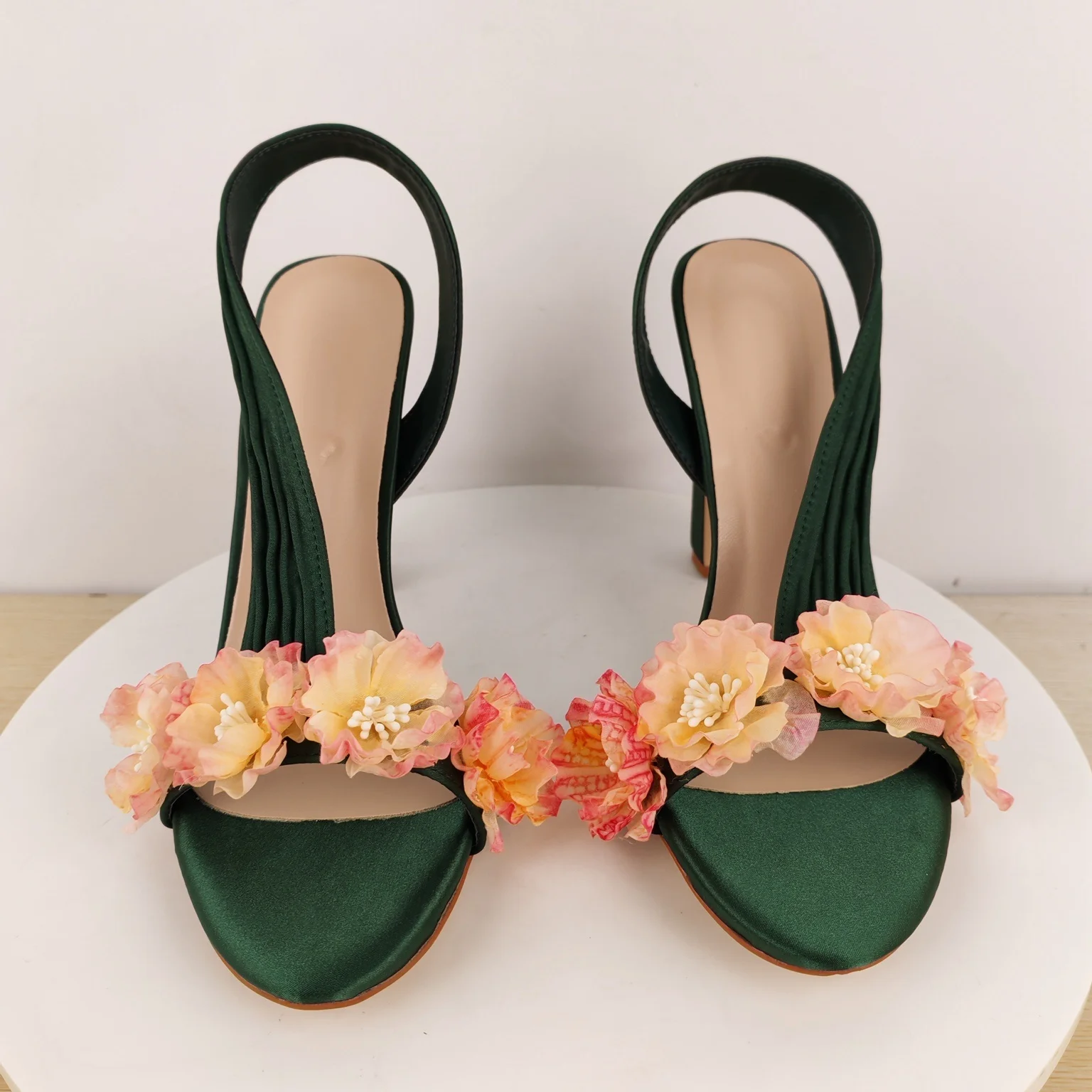 Block Heels Slingback Flowers Sandals for Women Open Toe Slip On Satin High Heels Summer Fashion Elegant Party Dress Shoes