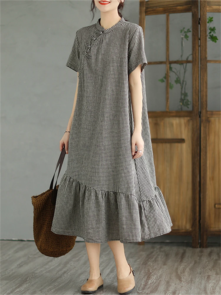 Summer Cotton Vintage Plaid Long Dresses For Women 2025 New Casual Breathable Dress Office Lady Work Femme Robe Elegant Clothing