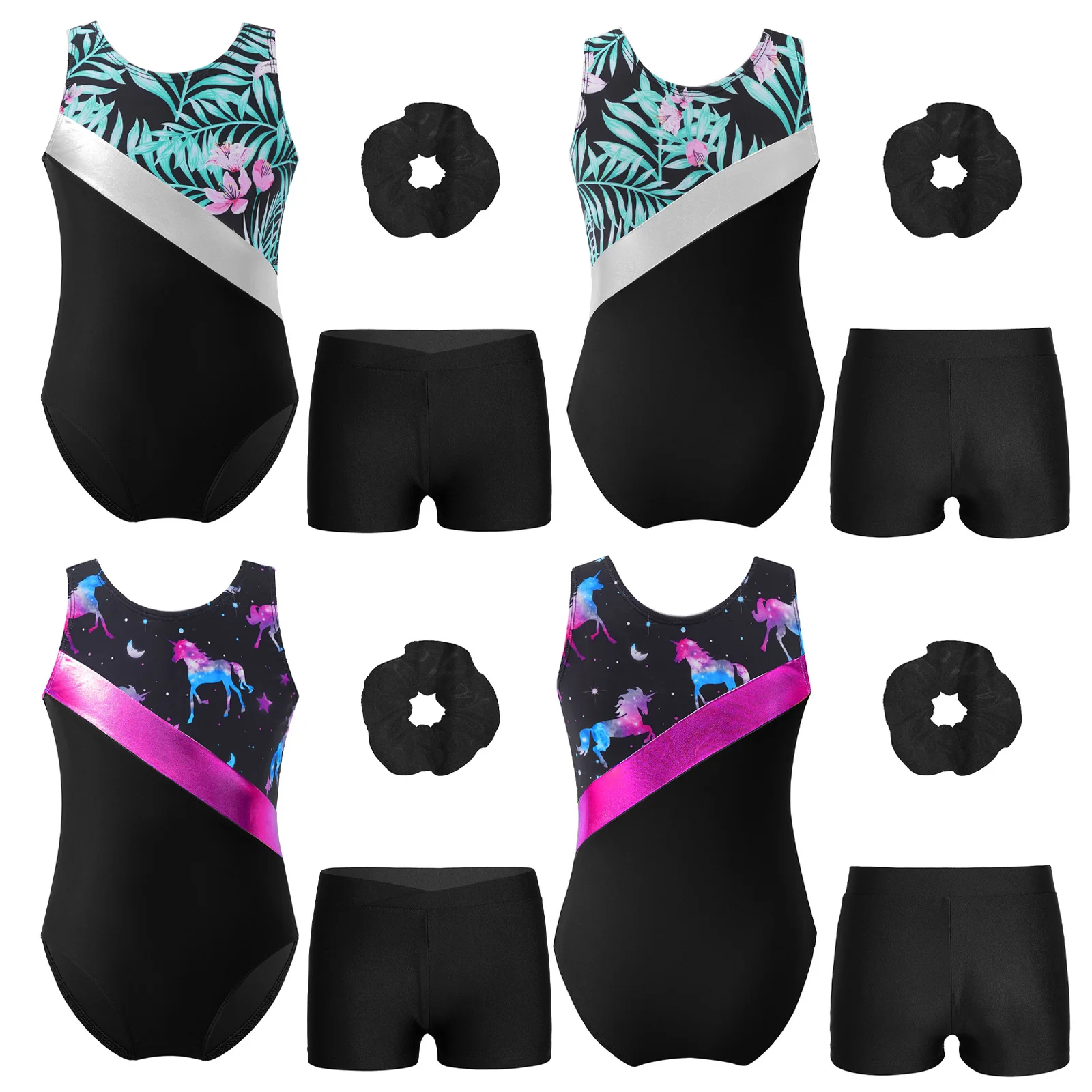 Kinder Mädchen Ballett Outfits ärmellose bedruckte Trikot mit Shorts Dance wear Set für Workout Training Bodysuit Gymnastik Overall