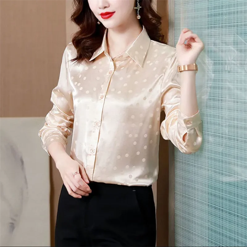 

Office Ladies Blouses Basic Satin Shirt Elegant Female Tops Work Shirt Cardigan Button Up Woman Clothes Blouse Dot Shirt Top