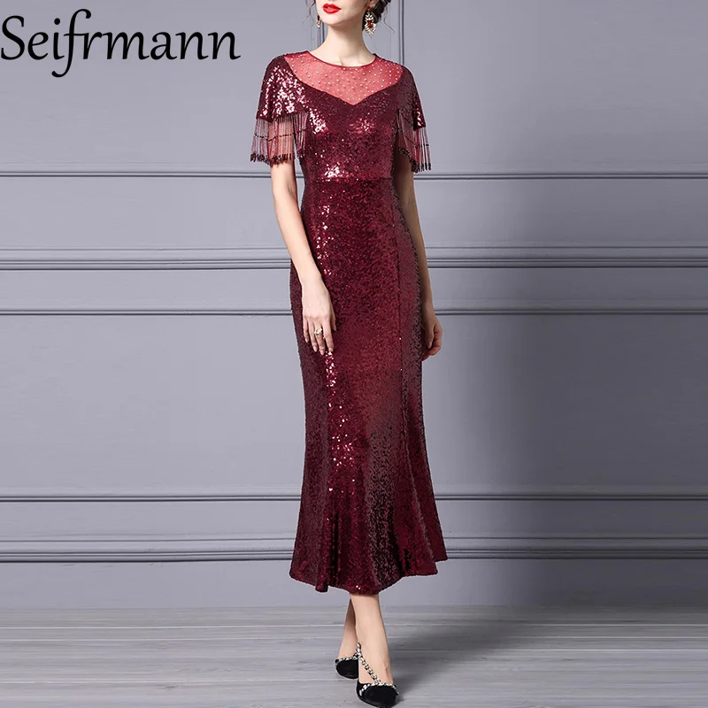 

Seifrmann Fashion design Women 's Party Dress Summer Short Sleeved Beaded Tasserl High Waist Sequins Slim-Fit Solid M-3XL Dress