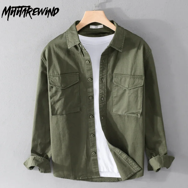 

Spring Fall 100% Cotton Long Sleeve Shirt Man Japanese Workwear Mens Tops Casual Double Pockets Green Shirt Fashion Men's Shirts