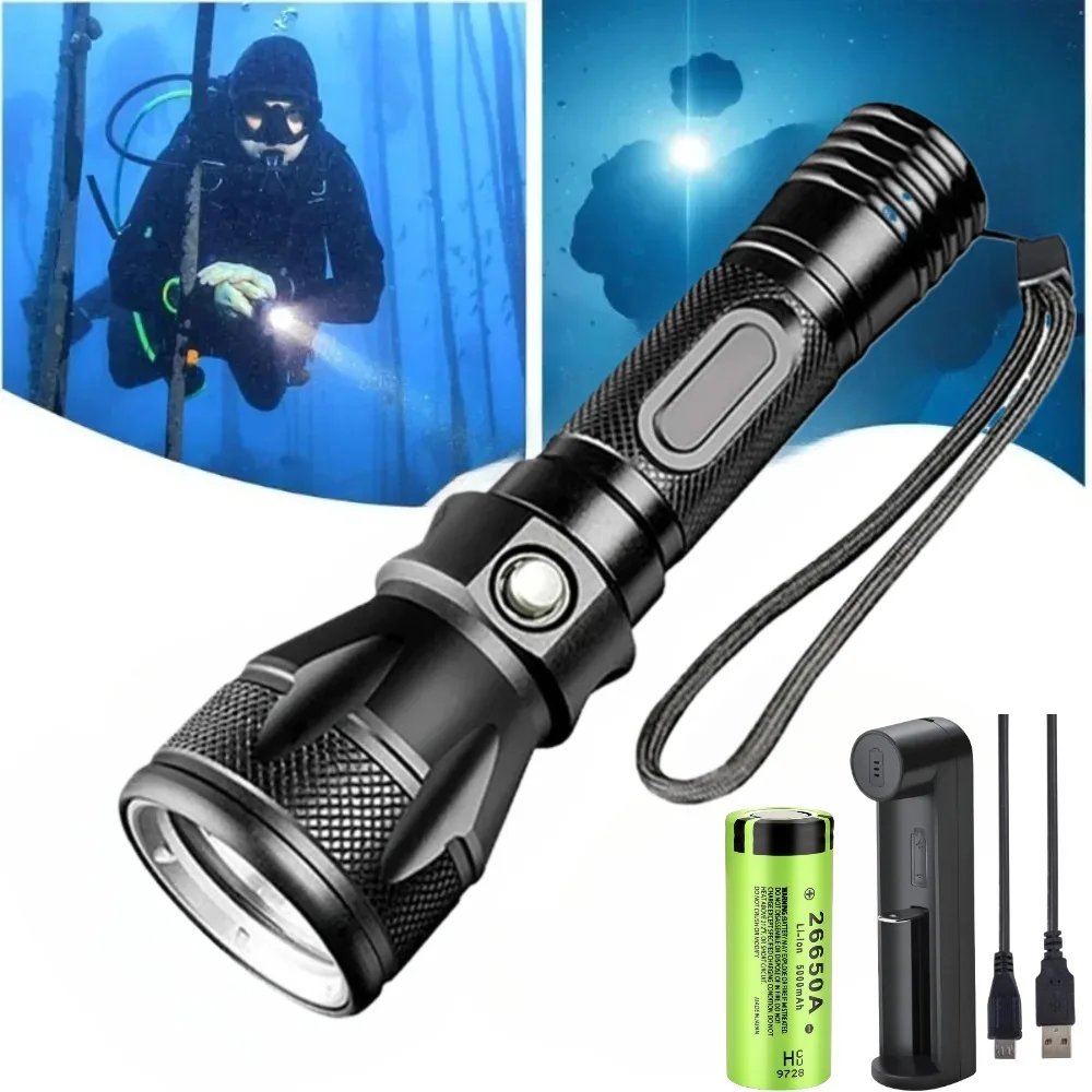 

Профессиональный подводный фонарь для подводной охоты и дайвинга, светодиодный, водонепроницаемый IPX8, мощный, с ремешком на руку