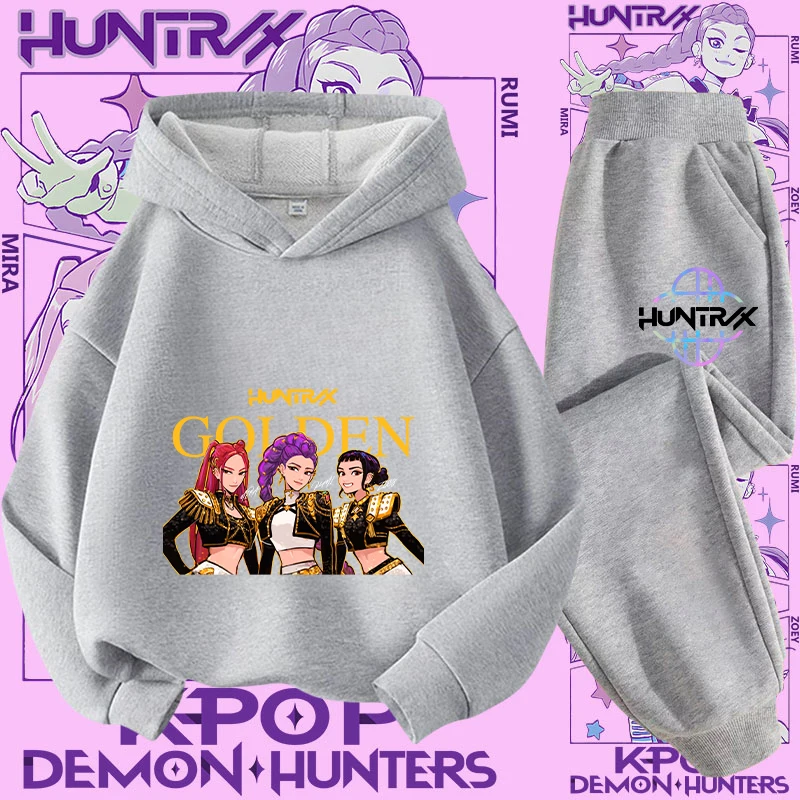 طقم ملابس رياضية للفتيات من K-pop Demon Hunter مكون من قطعتين - تصميم جديد - قميص كاجوال لطيف للأطفال - طقم بقلنسوة مع طباعة كرتونية