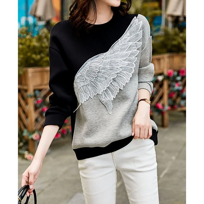 Spring Autumn O Neck Feather Embroidery Patchwork Loose Casual Jumper Top Women Long Sleeve Simple All-match Pullover Sweatshirt