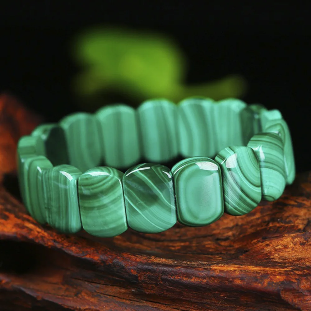 Natural Raw Malachite Single Loop Beaded Bracelet Bangle Vivid Green Gemstone Men Women Chinese‑Style Energy Fashion Jewelry