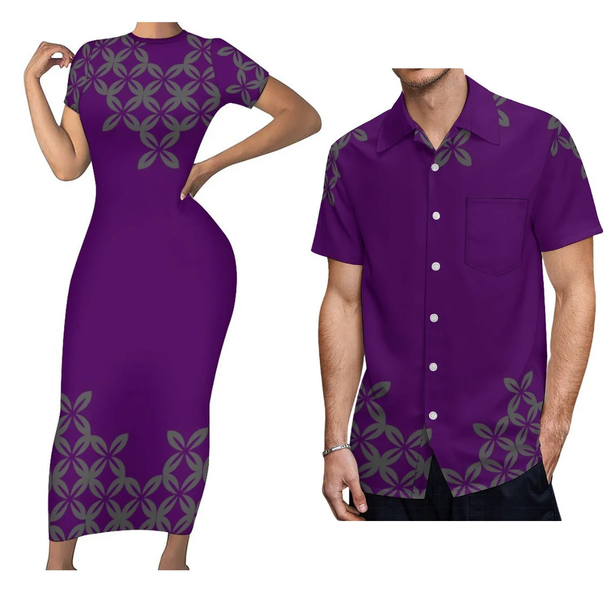 Vestido longo sexy apertado para mulheres e homens, gola redonda, camisa Aloha, combinando polinésia, terno de casal, festa de verão