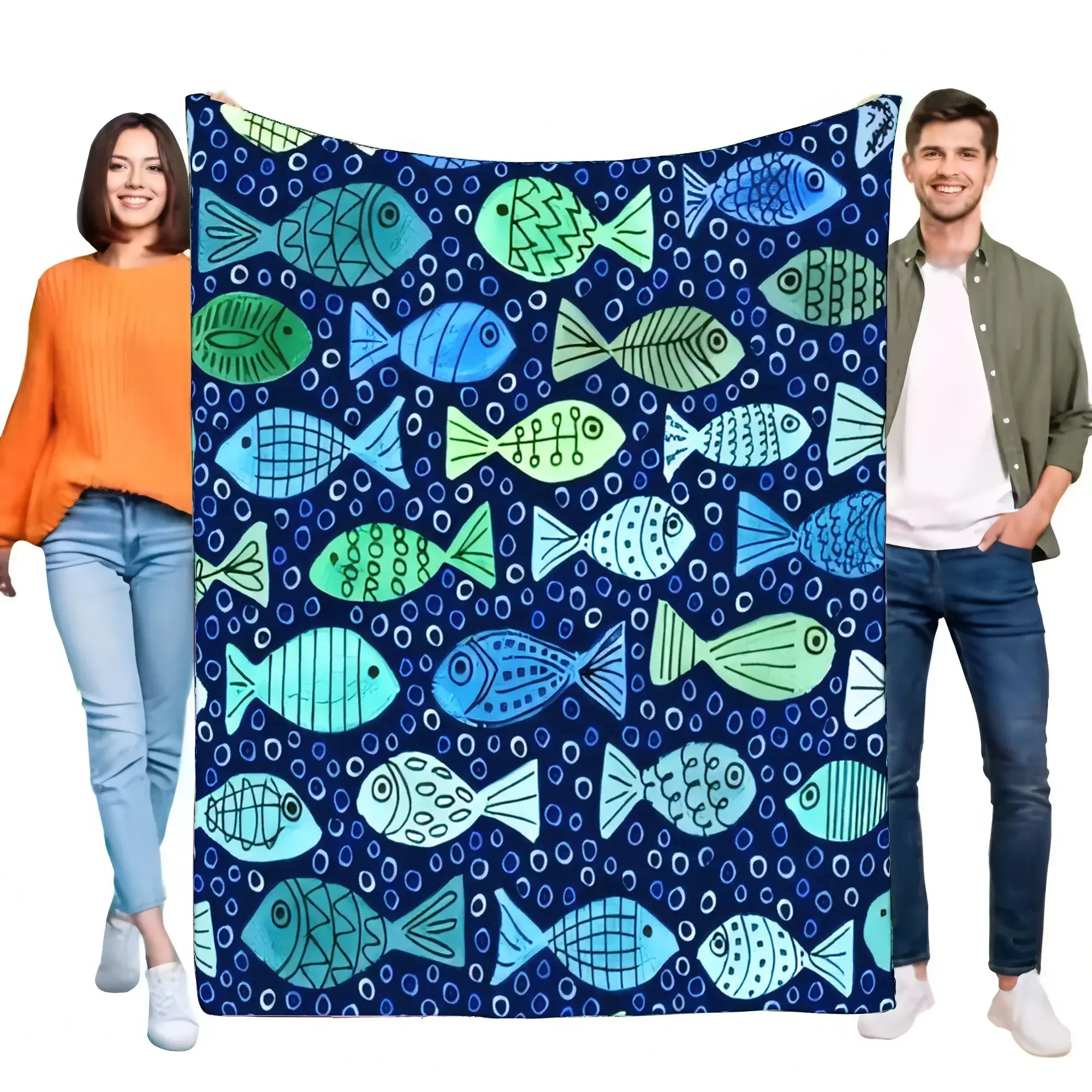 Colorful Ocean Fish Pattern Soft Lightweight Cozy Fleece Throw Blanket Bed Sofa Cover Kids Adults Home Decor Gift