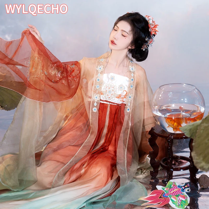 Hanfu rojo para mujer, vestido de baile de escenario bordado tradicional chino, disfraz de Cosplay de Hada, Dinastía de canciones Hanfu para mujer 2023