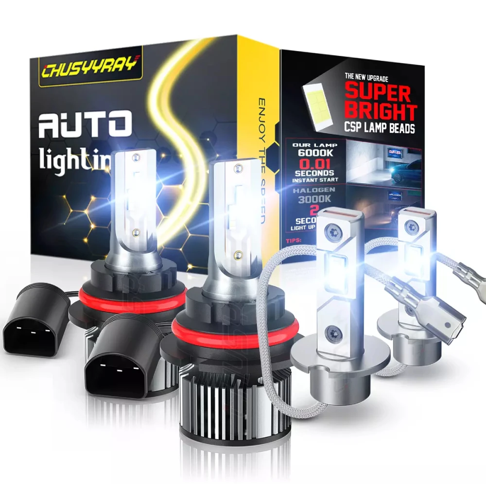 

4x Canbus 9007 H3 6500K LED Headlight + Fog Light Bulbs 12-24V 100000LM Super Bright White Bulbs 1:1 Same Size Plug and play