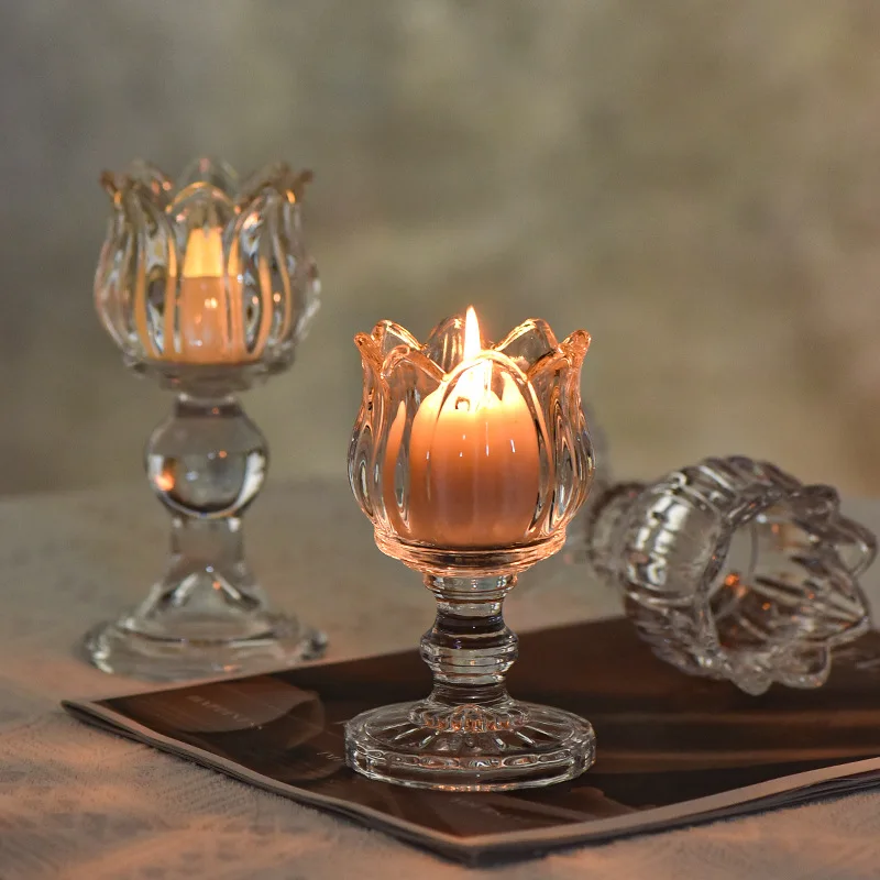 2PCS Romantic Tulip Flower Vintage Tulip Stem Glass Candle Holder Clear Tealight Candlestick Wedding Home Table Decor Gift