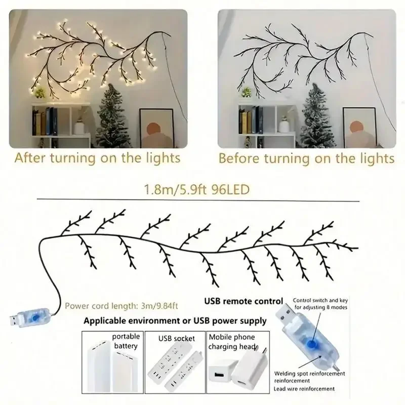 96-LED Branch Light, USB Powered DIY Holiday Tree Vine Light, Room Lights, LED Ambient Night Light for Bedroom Wall Decor