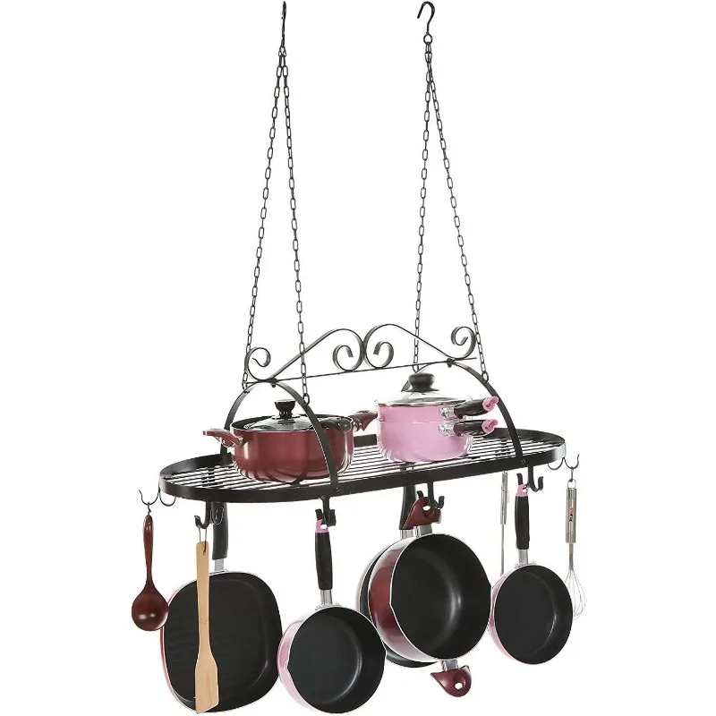 MyGift Black Scrollwork Metal Pot and Pan Ceiling Hanging Rack Heavy Duty Cooking Pans and Utensil Hanger with 10 Dual Hooks