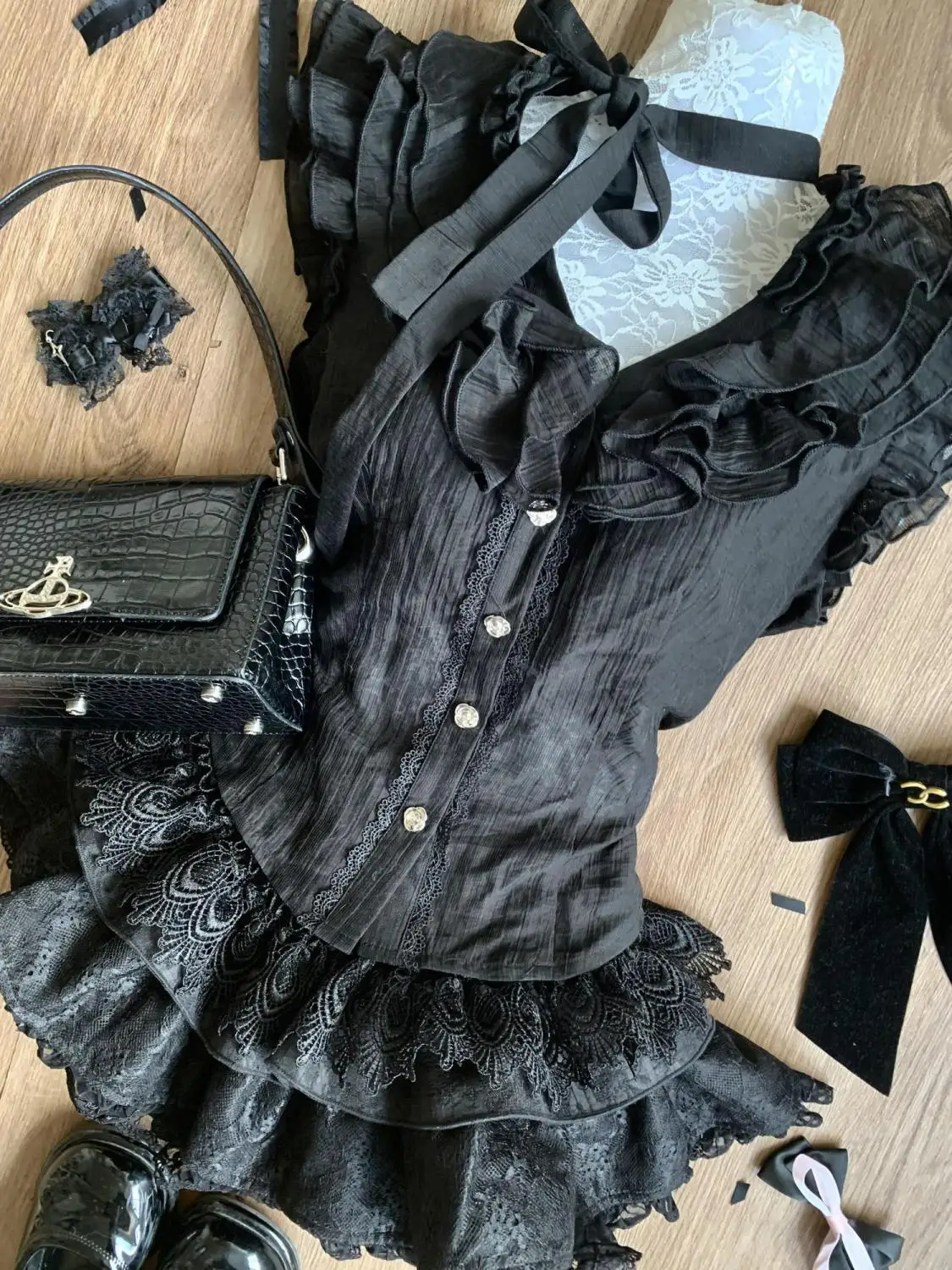 الثقافة الفرعية اليابانية القوطية الأسود 2 قطعة مجموعة المرأة كشكش تصميم أعلى + كعكة صغيرة تنورة جديدة خمر سليم الحلو JK Y2K وتتسابق #5