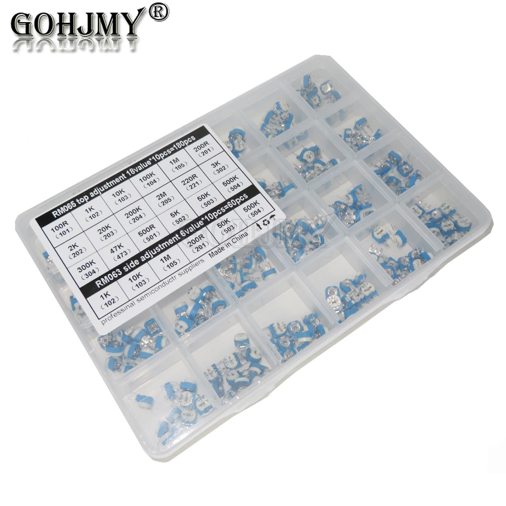 240PCS RM065 100R - 2M 24Values*10PCS RM063 Carbon Film Horizontal Trimpot Potentiometer Assortment Kit Variable Resistor NEW