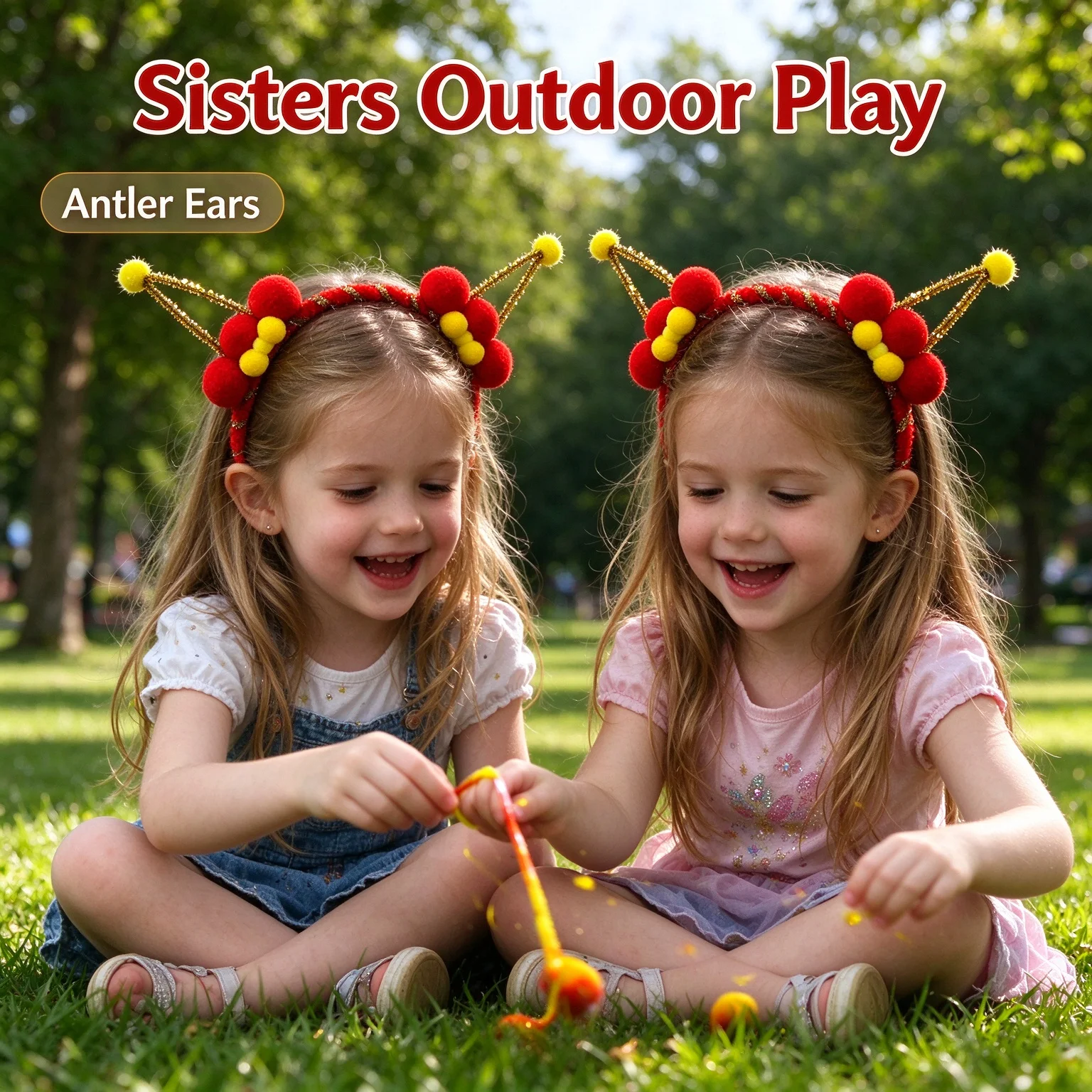 Cute Red Gold Antler Headband for Girls Kids Pom Pom Hair Hoop Holiday Party Photo Hair Accessories