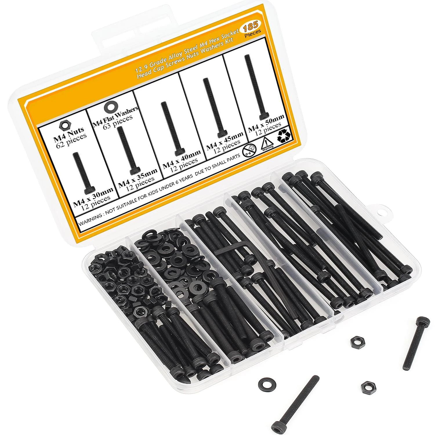 185 sets of M4 x 30/35/40/45/50 mm hexagonal head screws, nuts and washers, black color, 12.9 grade alloy steel, full thread
