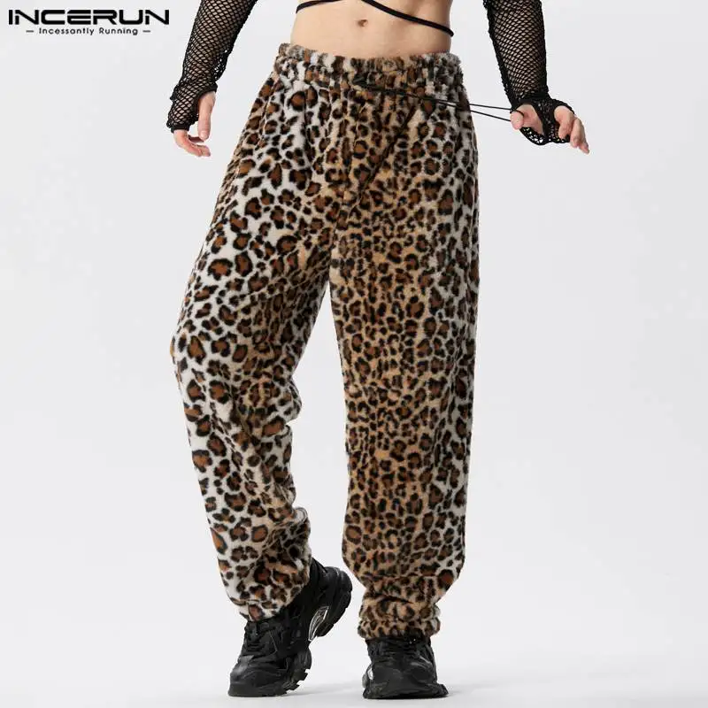 

INCERUN Men Pants Leopard Printing Plush Drawstring Loose Casual Trousers Men Streetwear 2024 Fashion Leisure Pantalon S-5XL