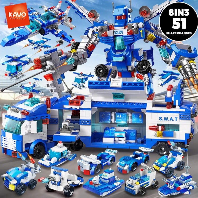 

KAVOWORLD 679pcs 8in3 City Police Car Truck Building Blocks Toy Helicopter Robot Bricks Small Gift Idea Car Chase Building Set