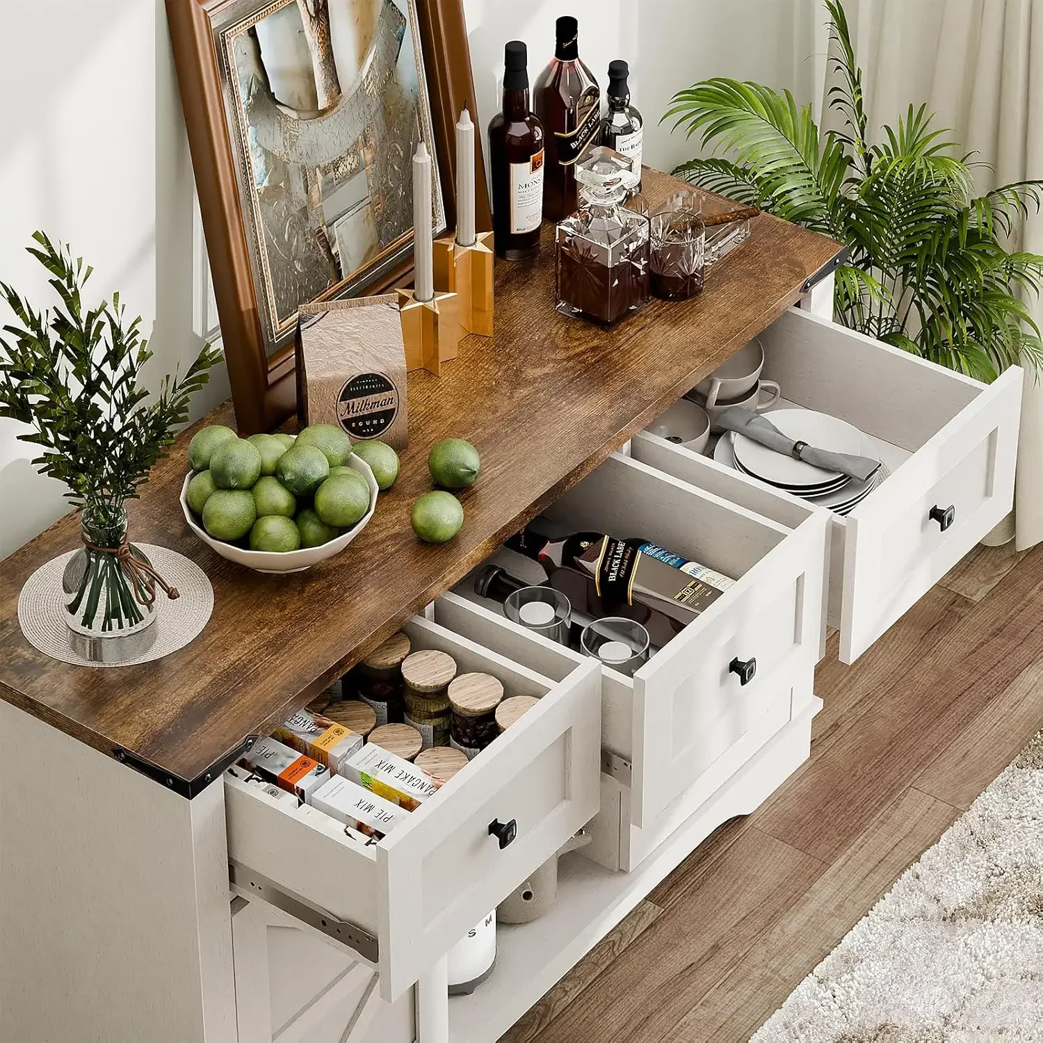 

47" Farmhouse Buffet Cabinet with Storage, Barn Doors Sideboard Buffet Storage Cabinet with Shelves and 3 Drawers