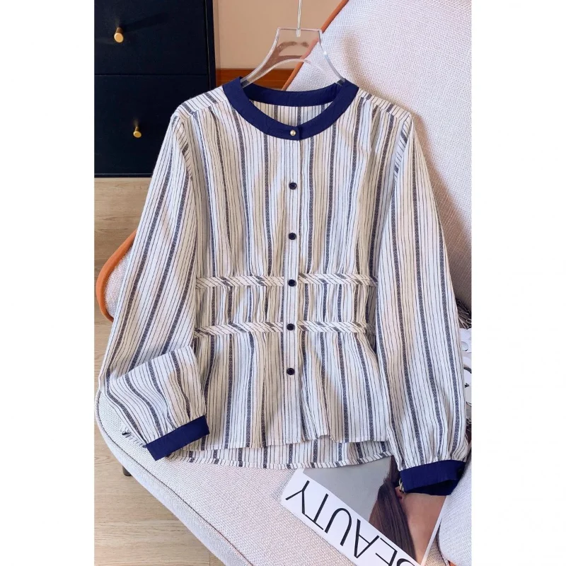 

French Vertical Stripe Color Block Long Sleeve Loose Slim Round Neck Unique Elegant Blouse