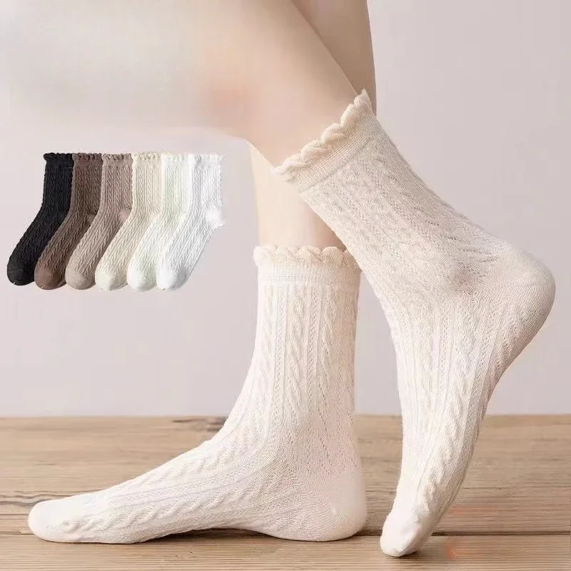 6 Paar mittellange Socken für Damen, Pilzrand, Herbst, reine Baumwolle, Spitze, langes Röhrchen, vielseitige, bequeme Socken