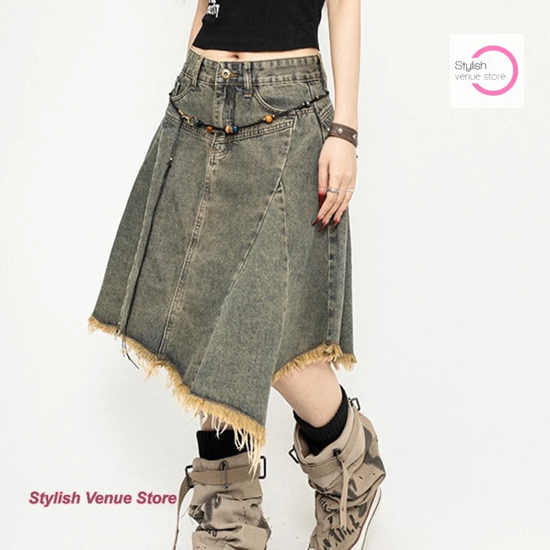 

Korean style design sense irregular fashion stitching temperament denim skirt women's autumn and winter high waist long skirt