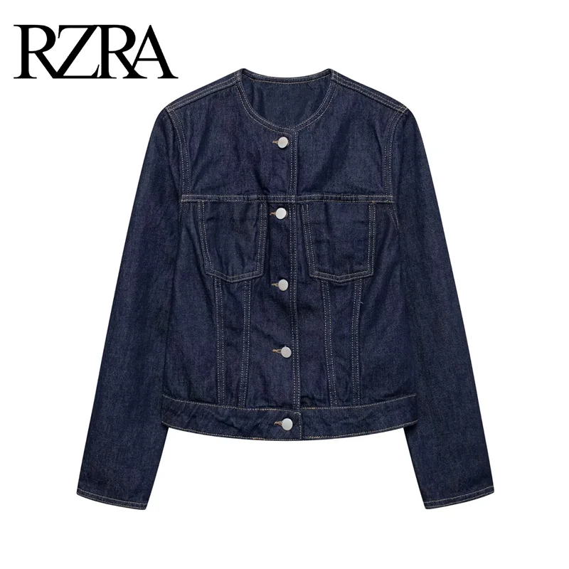 

RZRA2024 autumn and winter new patch pocket contrast stitching decoration round neck long sleeve denim jacket short style