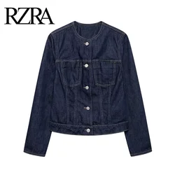 RZRA2024 autumn and winter new patch pocket contrast stitching decoration round neck long sleeve denim jacket short style